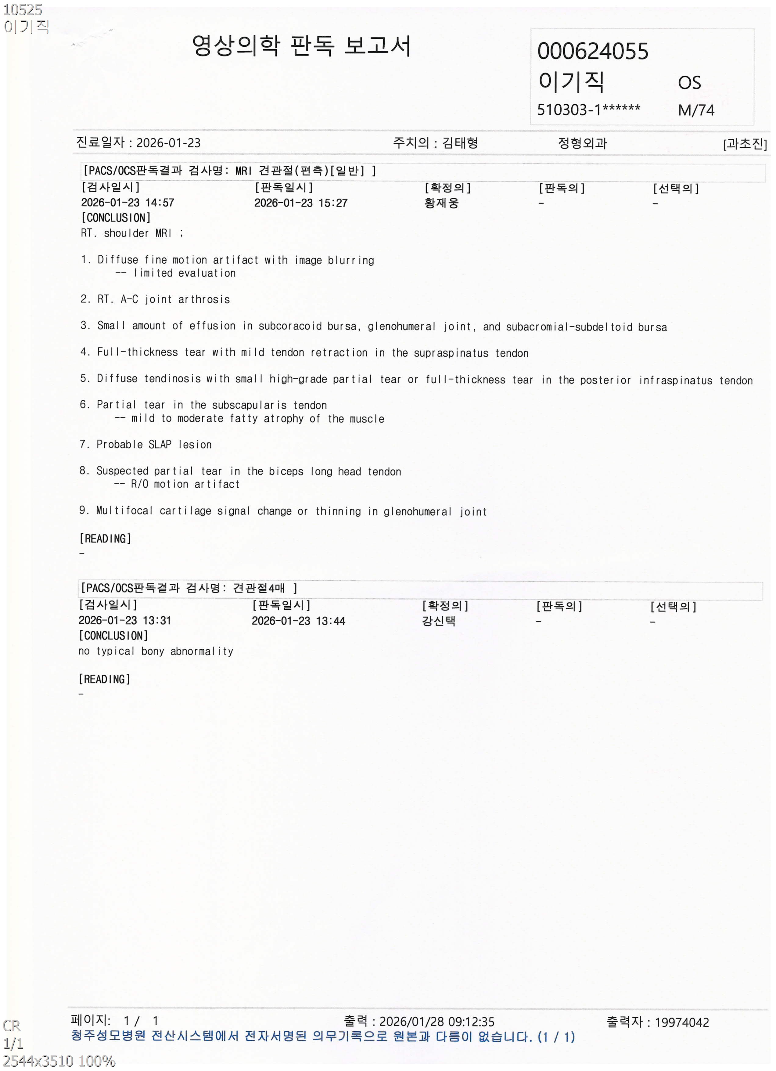 MRI 판독지 예시